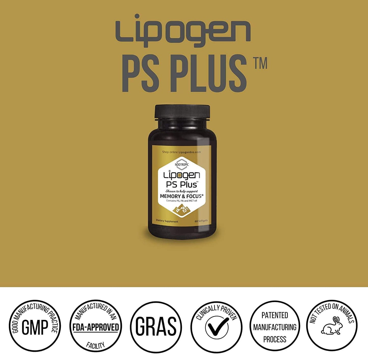Brain Boost Supplement - Enhance Memory, Focus and Clarity. Highly Effective, Clinically Proven Formula for Cognitive Function. Lipogen PS Plus (3 Pack)