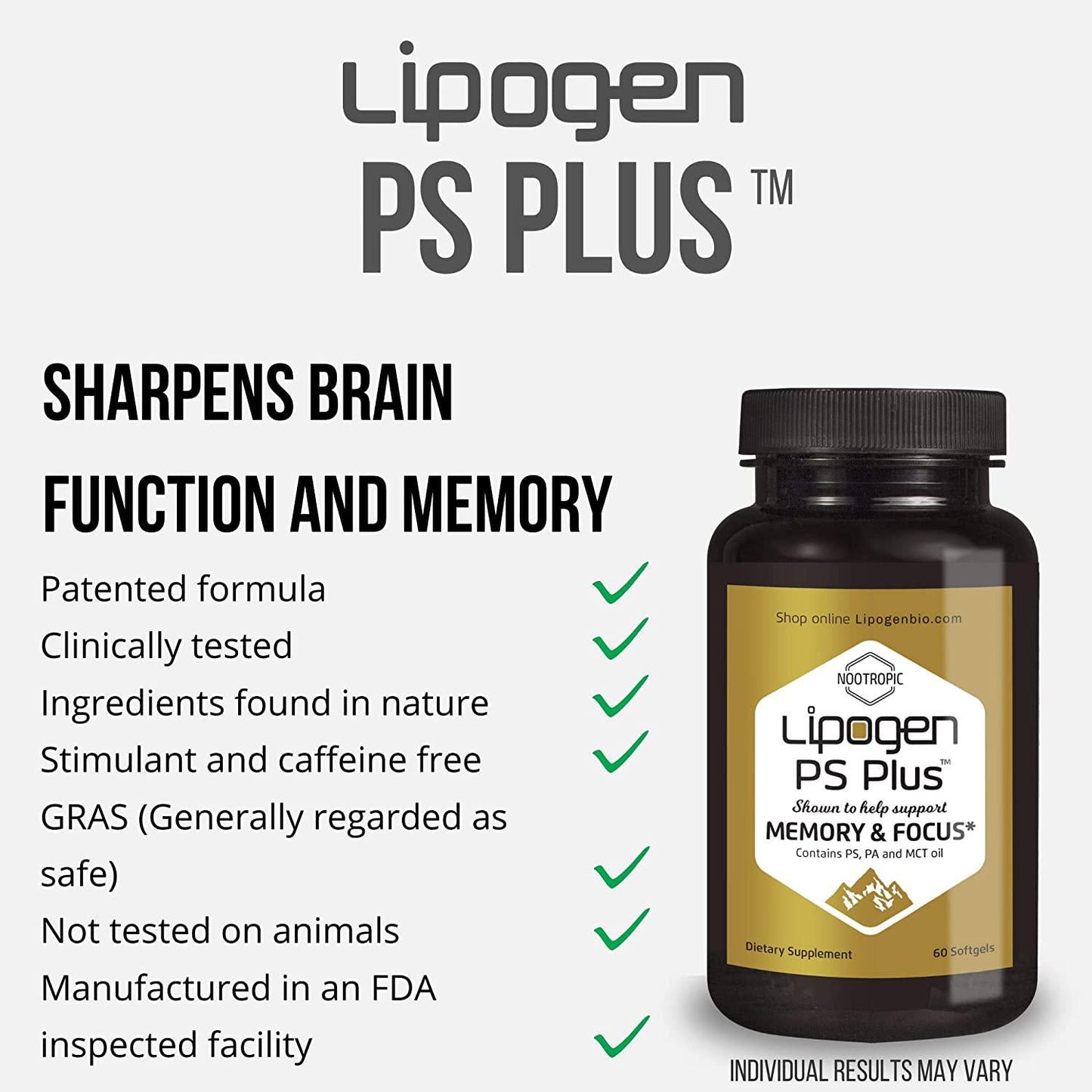 Brain Boost Supplement - Enhance Memory, Focus and Clarity. Highly Effective, Clinically Proven Formula for Cognitive Function. Lipogen PS Plus (3 Pack)