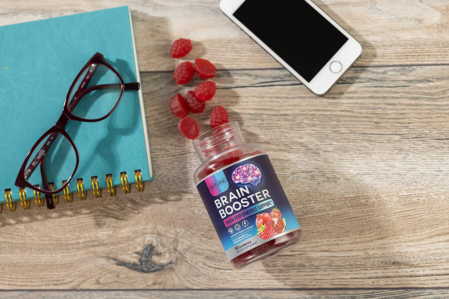 Brain Booster Gummies Supplement Nootropic with Phosphatidylserine, Coffee Bean Extract and Vitamin B12 to Support Focus, Memory, Energy and Brain Performance, Tasty Raspberry Gummy Flavor, 60 Gummies