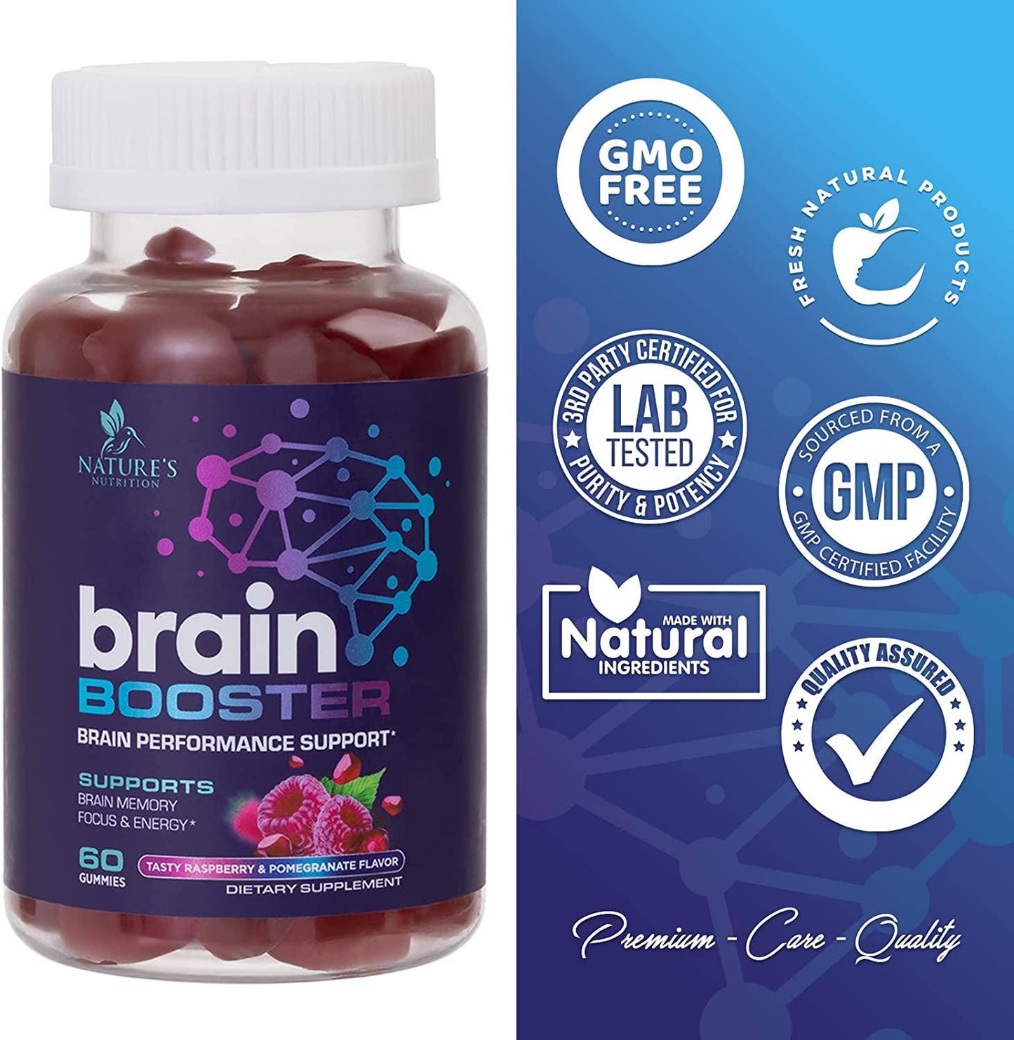 Brain Booster Gummies - Brain Supplement with B12 For Energy and Clarity - Support Focus and Support Memory - Brain Supplement For Concentration, Brain Fog, and Cognition - Vegan, Non-GMO - 60 Gummies