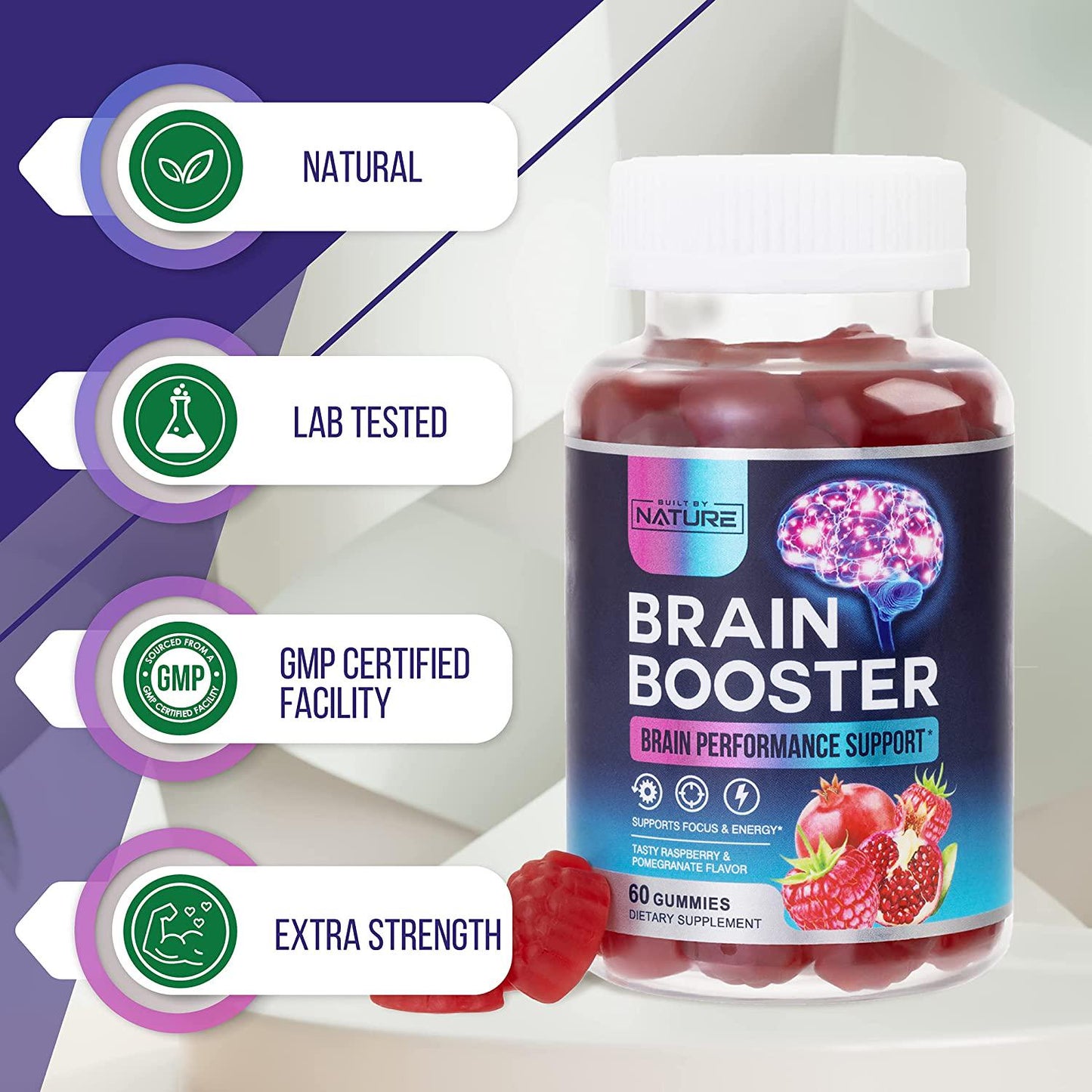 Brain Booster Gummies Supplement Nootropic with Phosphatidylserine, Coffee Bean Extract and Vitamin B12 to Support Focus, Memory, Energy and Brain Performance, Tasty Raspberry Gummy Flavor, 60 Gummies
