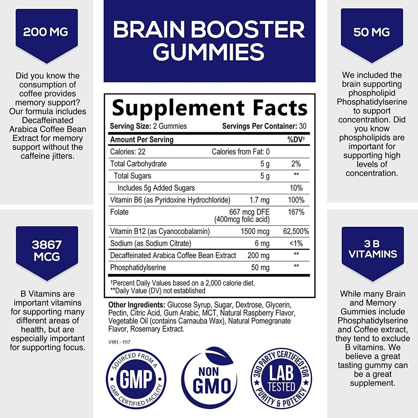 Brain Booster Gummies - Brain Supplement with B12 For Energy and Clarity - Support Focus and Support Memory - Brain Supplement For Concentration, Brain Fog, and Cognition - Vegan, Non-GMO - 60 Gummies