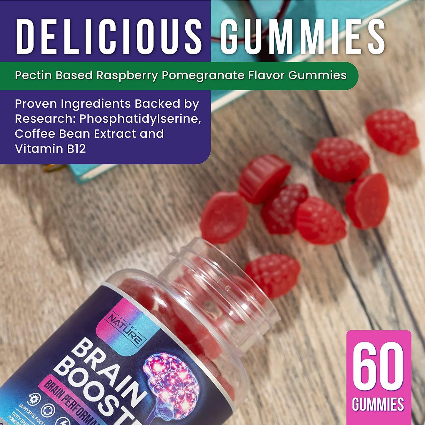 Brain Booster Gummies Supplement Nootropic with Phosphatidylserine, Coffee Bean Extract and Vitamin B12 to Support Focus, Memory, Energy and Brain Performance, Tasty Raspberry Gummy Flavor, 60 Gummies