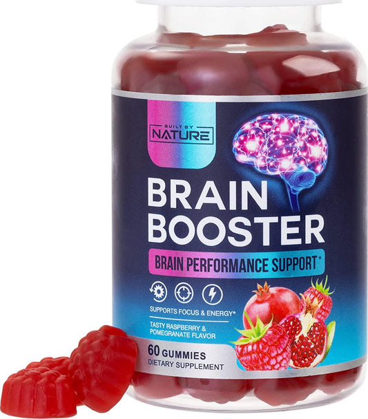 Brain Booster Gummies Supplement Nootropic with Phosphatidylserine, Coffee Bean Extract and Vitamin B12 to Support Focus, Memory, Energy and Brain Performance, Tasty Raspberry Gummy Flavor, 60 Gummies
