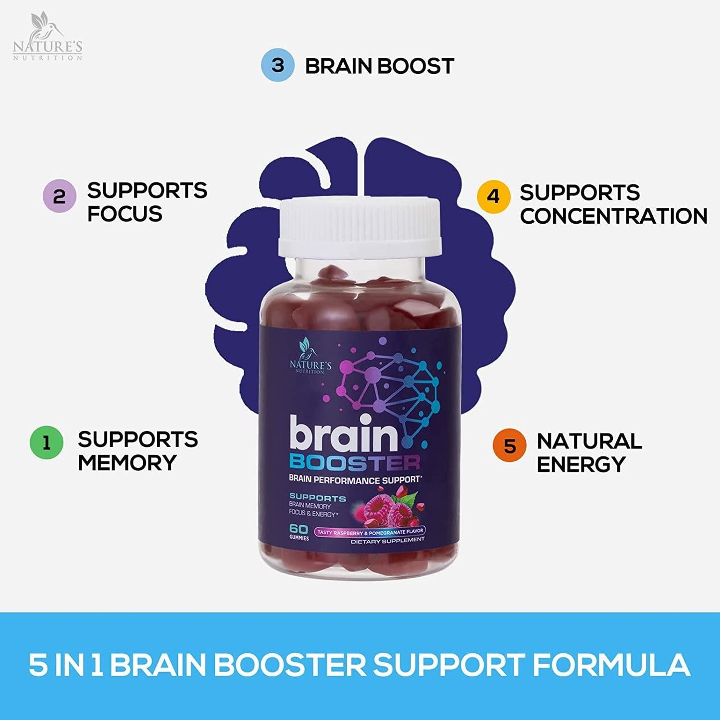 Brain Booster Gummies - Brain Supplement with B12 For Energy and Clarity - Support Focus and Support Memory - Brain Supplement For Concentration, Brain Fog, and Cognition - Vegan, Non-GMO - 60 Gummies