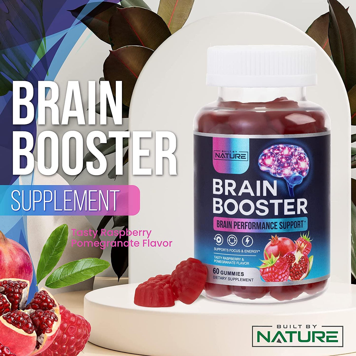 Brain Booster Gummies Supplement Nootropic with Phosphatidylserine, Coffee Bean Extract and Vitamin B12 to Support Focus, Memory, Energy and Brain Performance, Tasty Raspberry Gummy Flavor, 60 Gummies