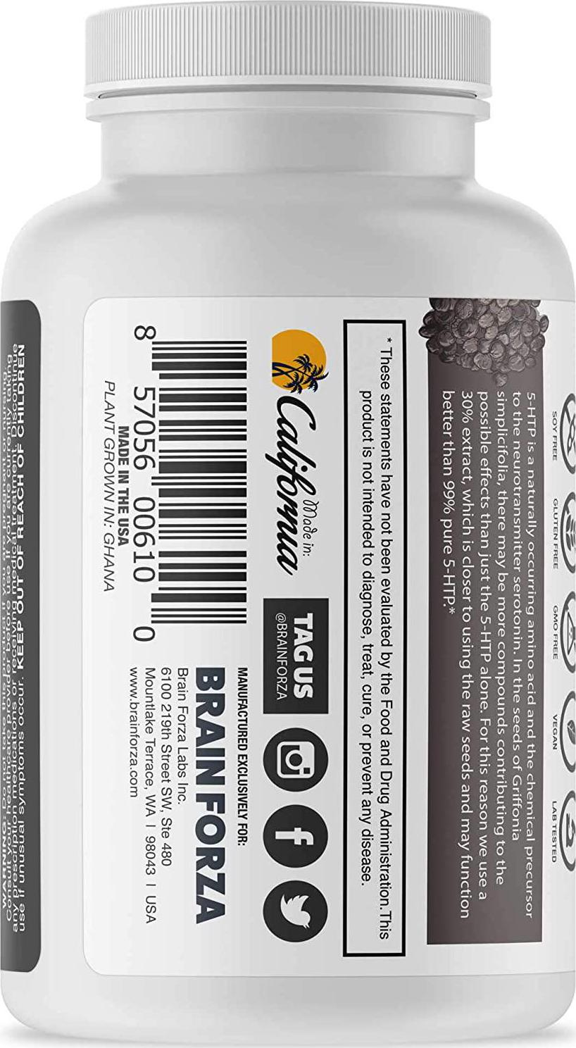 Brain Forza Natural 5-HTP 100 mg Plus Vitamin B6 P5P Capsules - Natural Support for Sleep Aid, Mood Help, Stress Management, Neurotransmitter Support, Non-GMO, Vegan, 120 Capsules