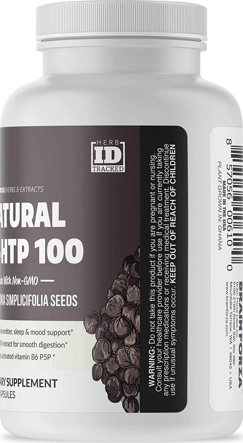 Brain Forza Natural 5-HTP 100 mg Plus Vitamin B6 P5P Capsules - Natural Support for Sleep Aid, Mood Help, Stress Management, Neurotransmitter Support, Non-GMO, Vegan, 120 Capsules