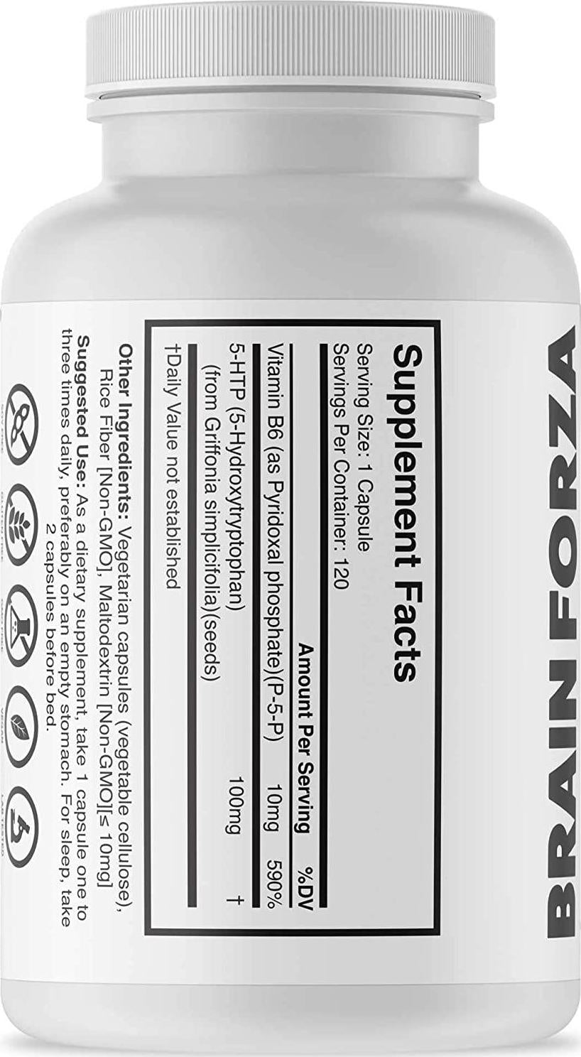 Brain Forza Natural 5-HTP 100 mg Plus Vitamin B6 P5P Capsules - Natural Support for Sleep Aid, Mood Help, Stress Management, Neurotransmitter Support, Non-GMO, Vegan, 120 Capsules
