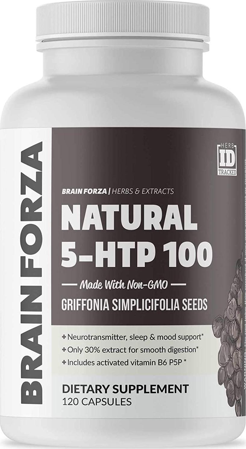 Brain Forza Natural 5-HTP 100 mg Plus Vitamin B6 P5P Capsules - Natural Support for Sleep Aid, Mood Help, Stress Management, Neurotransmitter Support, Non-GMO, Vegan, 120 Capsules