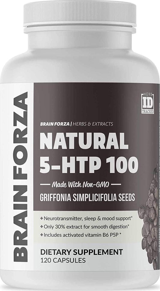 Brain Forza Natural 5-HTP 100 mg Plus Vitamin B6 P5P Capsules - Natural Support for Sleep Aid, Mood Help, Stress Management, Neurotransmitter Support, Non-GMO, Vegan, 120 Capsules