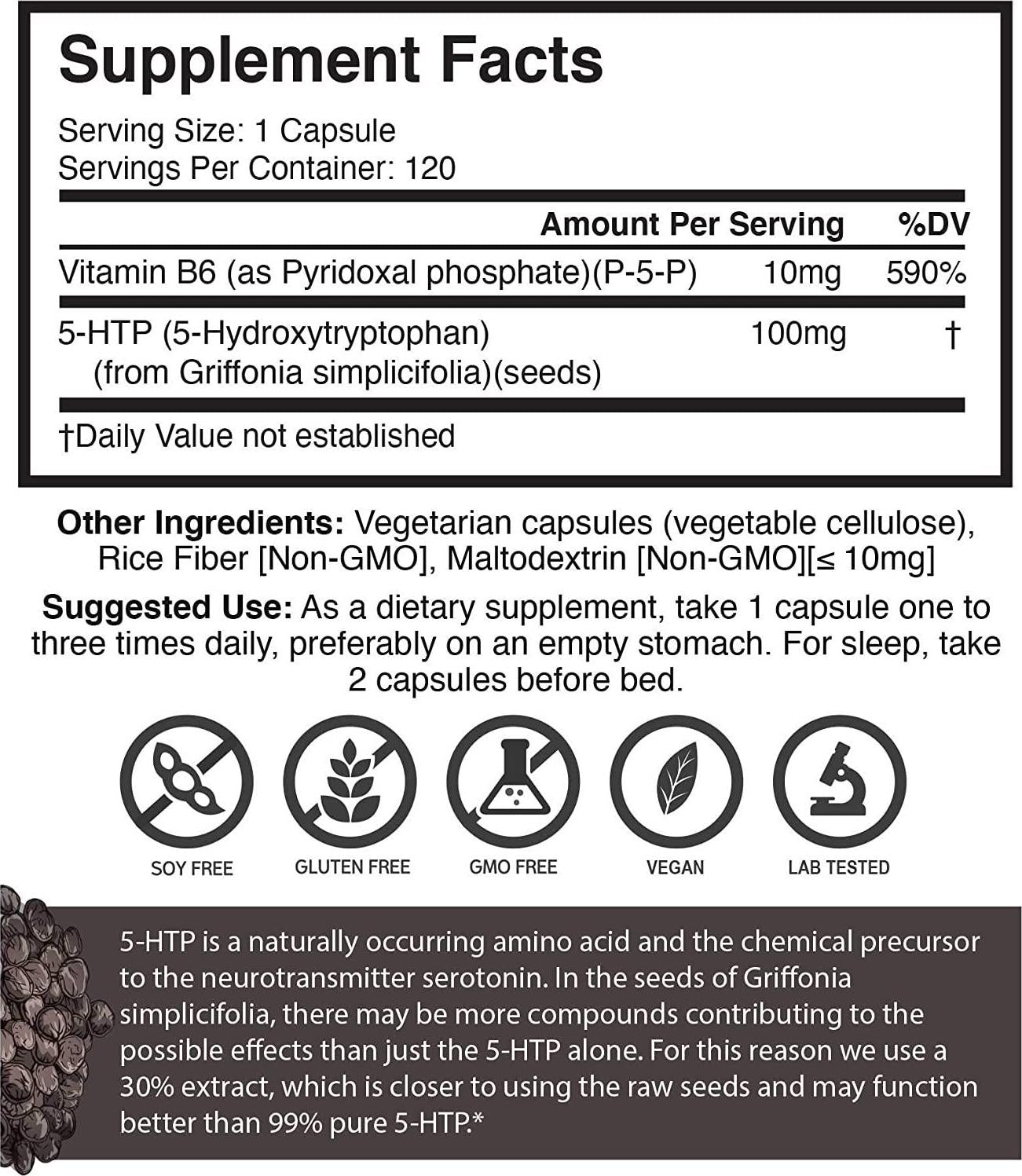 Brain Forza Natural 5-HTP 100 mg Plus Vitamin B6 P5P Capsules - Natural Support for Sleep Aid, Mood Help, Stress Management, Neurotransmitter Support, Non-GMO, Vegan, 120 Capsules