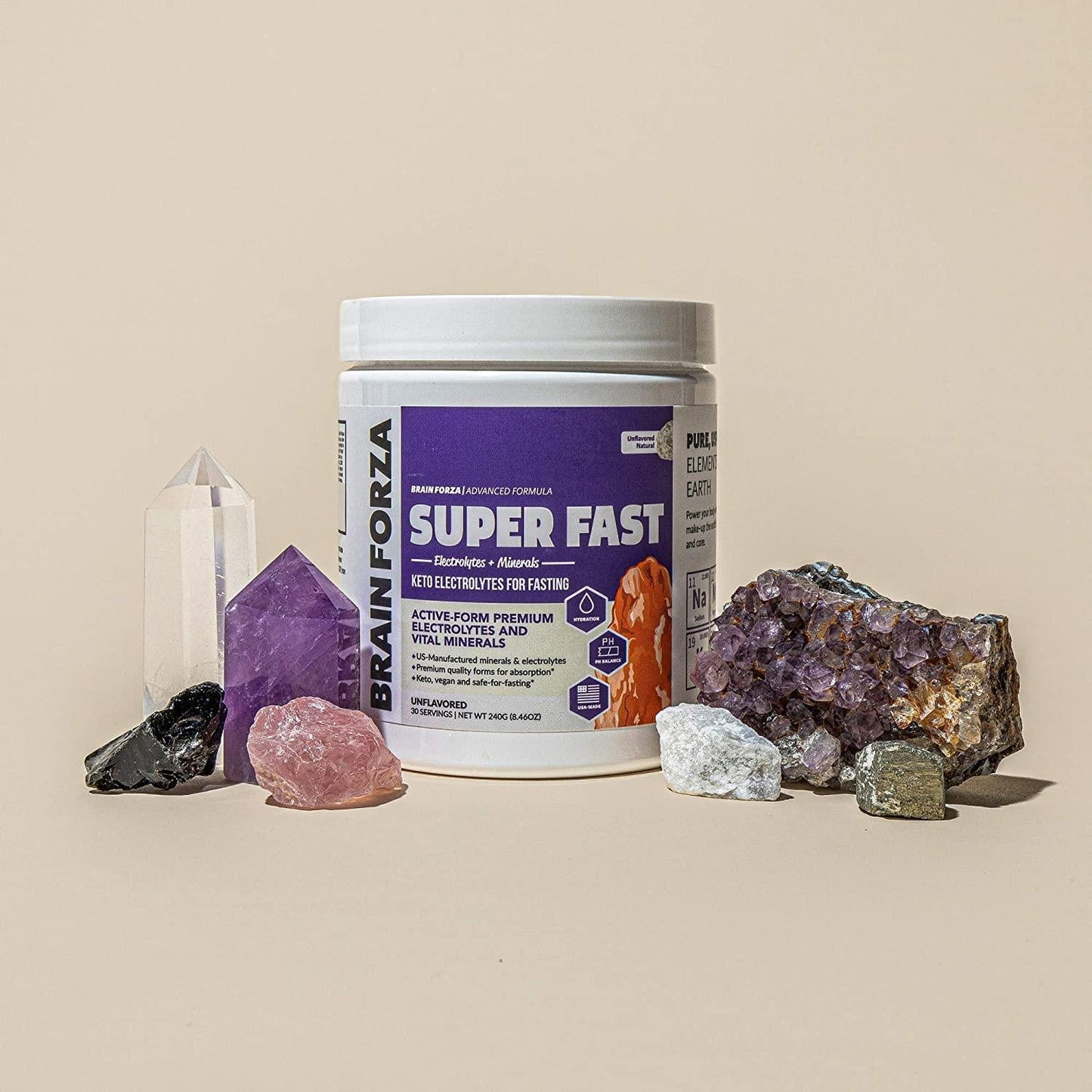 Brain Forza Super Fast Keto Electrolytes for Fasting - Premium Electrolytes, No Sugar or Flavoring w/Potassium, Sodium, Magnesium, Calcium, Iron, Pink Himalayan Salt, (30srv, Unflavored)