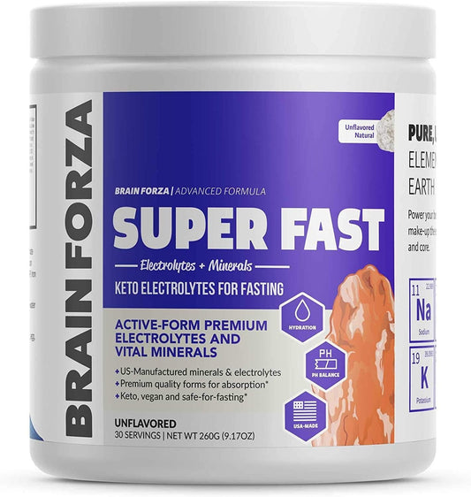 Brain Forza Super Fast Keto Electrolytes for Fasting - Premium Electrolytes, No Sugar or Flavoring w/Potassium, Sodium, Magnesium, Calcium, Iron, Pink Himalayan Salt, (30srv, Unflavored)