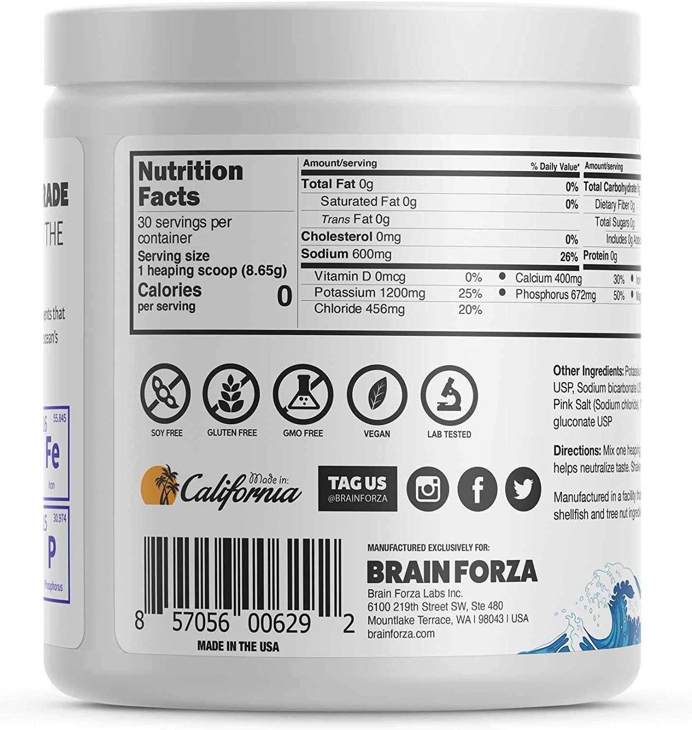 Brain Forza Super Fast Keto Electrolytes for Fasting - Premium Electrolytes, No Sugar or Flavoring w/Potassium, Sodium, Magnesium, Calcium, Iron, Pink Himalayan Salt, (30srv, Unflavored)