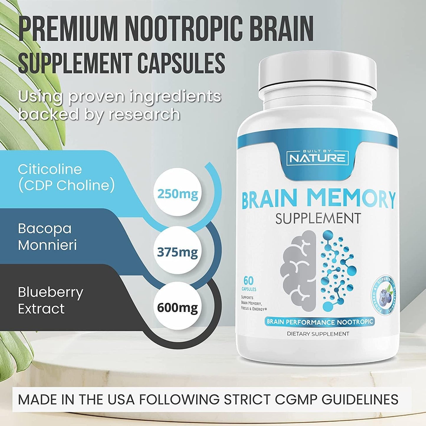 Brain Memory Supplement Nootropic Booster with Citicoline (CDP Choline), Bacopa Monnieri and Blueberry Extract to Support Focus, Memory, Energy and Brain Performance, Made in USA, 60 Capsules