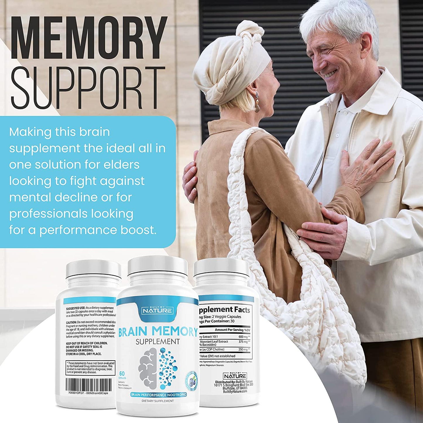 Brain Memory Supplement Nootropic Booster with Citicoline (CDP Choline), Bacopa Monnieri and Blueberry Extract to Support Focus, Memory, Energy and Brain Performance, Made in USA, 60 Capsules