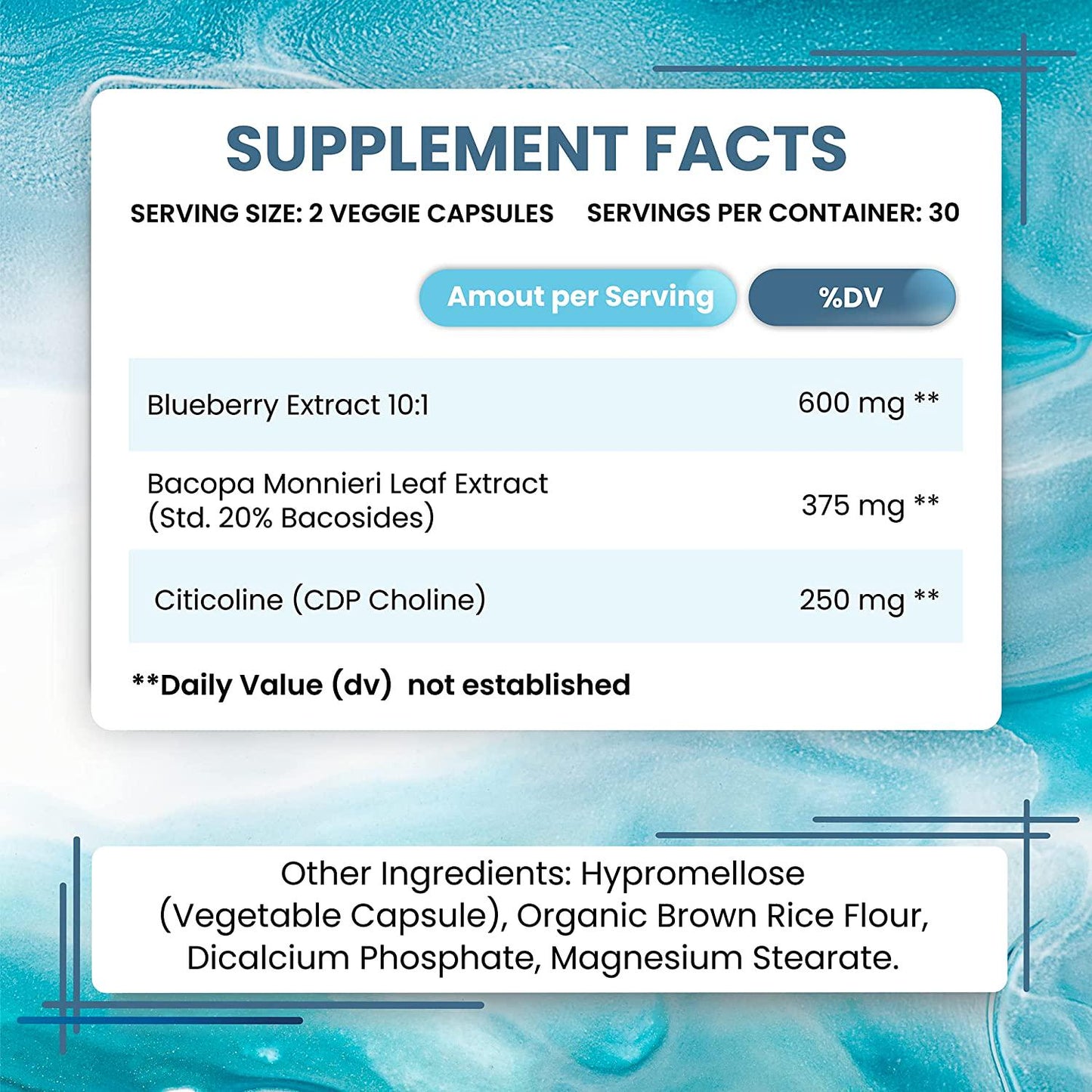 Brain Memory Supplement Nootropic Booster with Citicoline (CDP Choline), Bacopa Monnieri and Blueberry Extract to Support Focus, Memory, Energy and Brain Performance, Made in USA, 60 Capsules