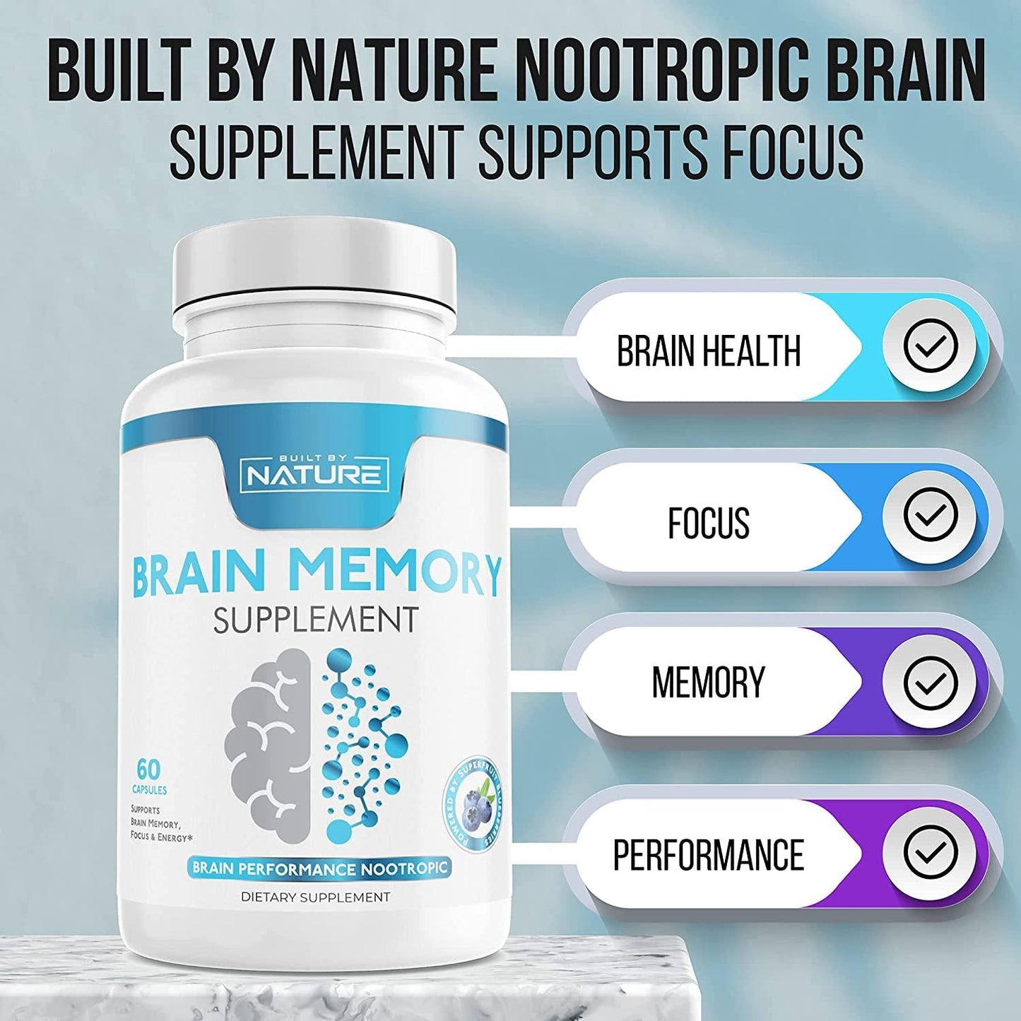Brain Memory Supplement Nootropic Booster with Citicoline (CDP Choline), Bacopa Monnieri and Blueberry Extract to Support Focus, Memory, Energy and Brain Performance, Made in USA, 60 Capsules