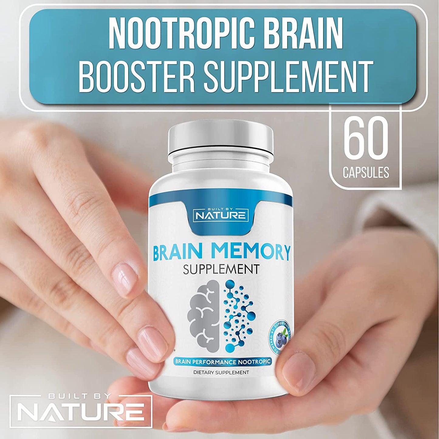 Brain Memory Supplement Nootropic Booster with Citicoline (CDP Choline), Bacopa Monnieri and Blueberry Extract to Support Focus, Memory, Energy and Brain Performance, Made in USA, 60 Capsules