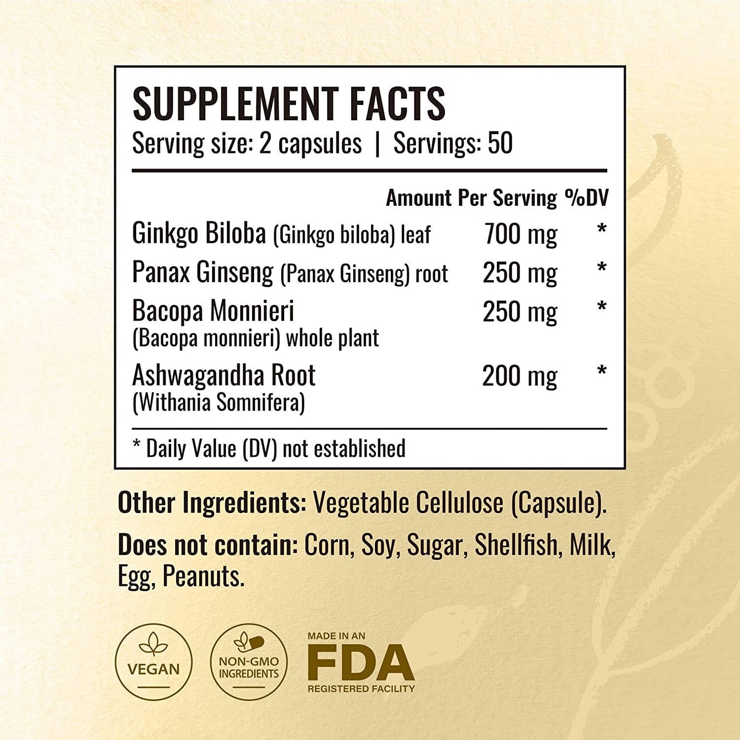 Brain Supplement 1400 mg per Serving | Filled with Ginkgo Biloba, Panax Ginseng, Bacopa Monnieri, Ashwagandha | Brain Booster for Enhanced Mental Focus, Memory, Clarity | Promotes Energy Performance