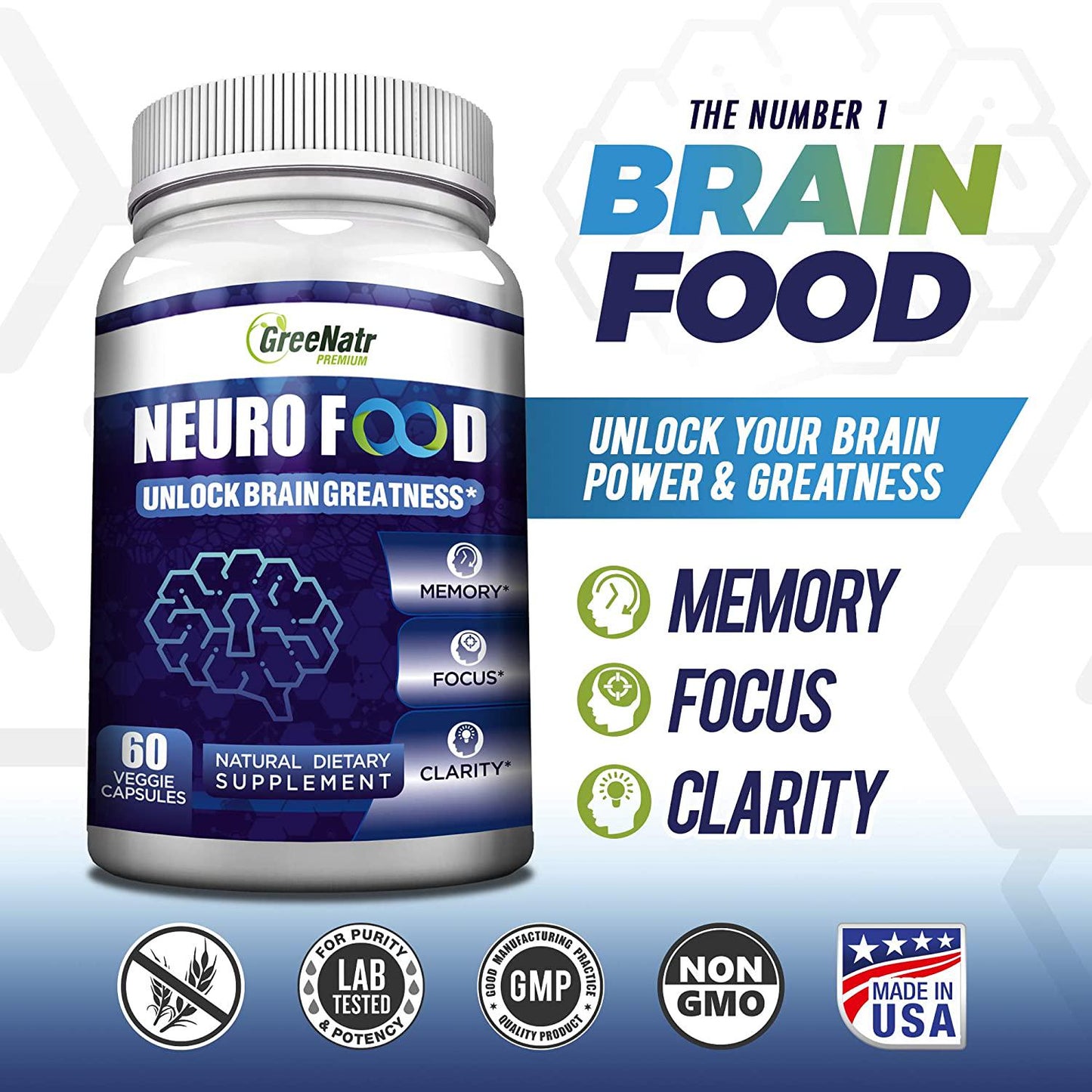 Brain Supplement to Enhance Memory, Energy, Focus and Clarity with b12 Vitamin (1 Bottle)