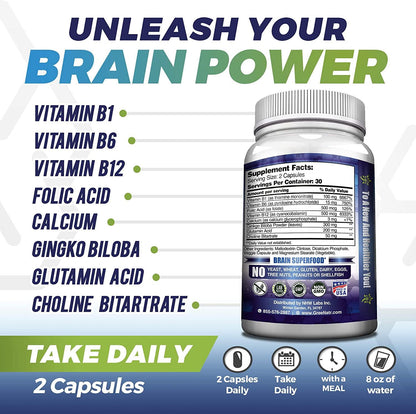 Brain Supplement to Enhance Memory, Energy, Focus and Clarity with b12 Vitamin (1 Bottle)