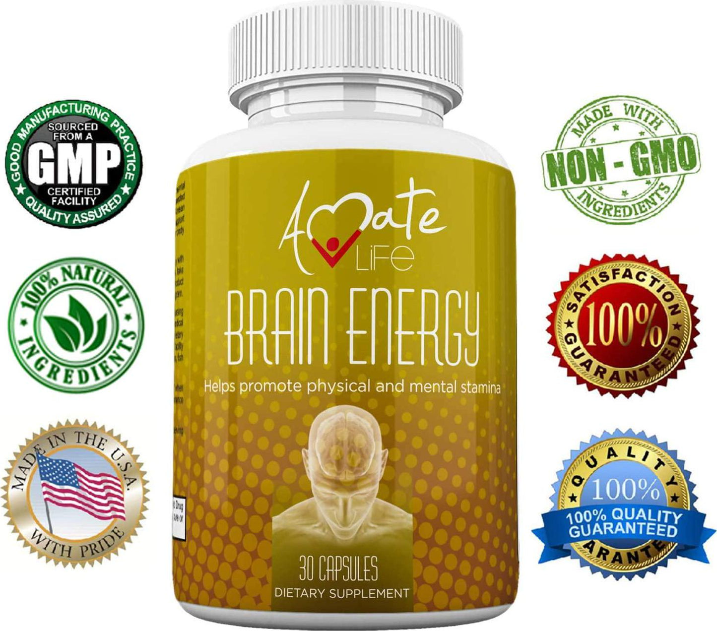 Brain Supplement with Vitamin b12 Enhance Focus, Concentration, Mental Energy No Crash orJitters B Complex Rodhiola Rosea Caffeine Ginseng Maca for Women and Men 30 Capsules by Amate Life