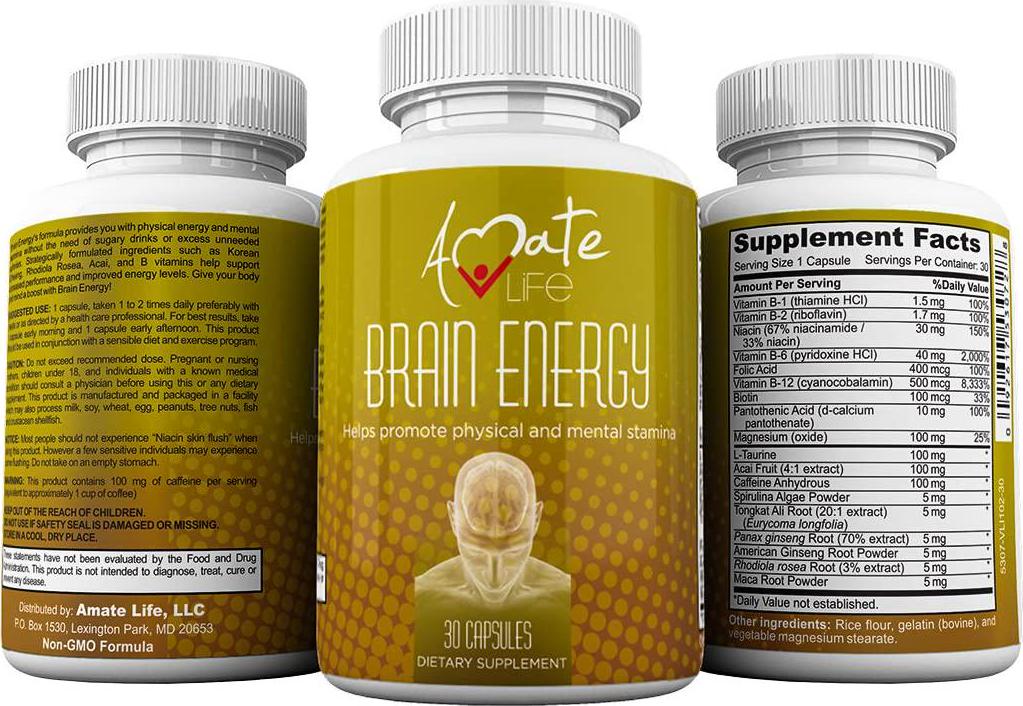 Brain Supplement with Vitamin b12 Enhance Focus, Concentration, Mental Energy No Crash orJitters B Complex Rodhiola Rosea Caffeine Ginseng Maca for Women and Men 30 Capsules by Amate Life