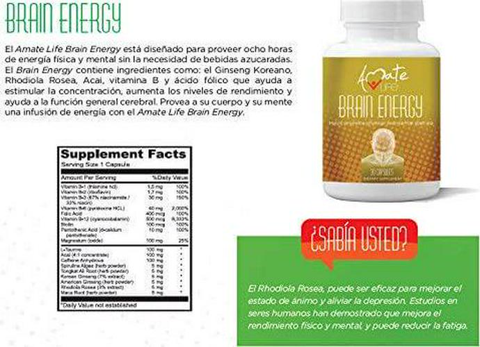 Brain Supplement with Vitamin b12 Enhance Focus, Concentration, Mental Energy No Crash orJitters B Complex Rodhiola Rosea Caffeine Ginseng Maca for Women and Men 30 Capsules by Amate Life