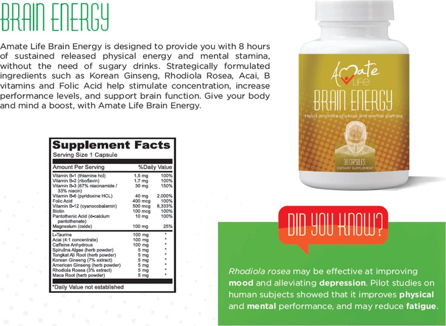 Brain Supplement with Vitamin b12 Enhance Focus, Concentration, Mental Energy No Crash orJitters B Complex Rodhiola Rosea Caffeine Ginseng Maca for Women and Men 30 Capsules by Amate Life