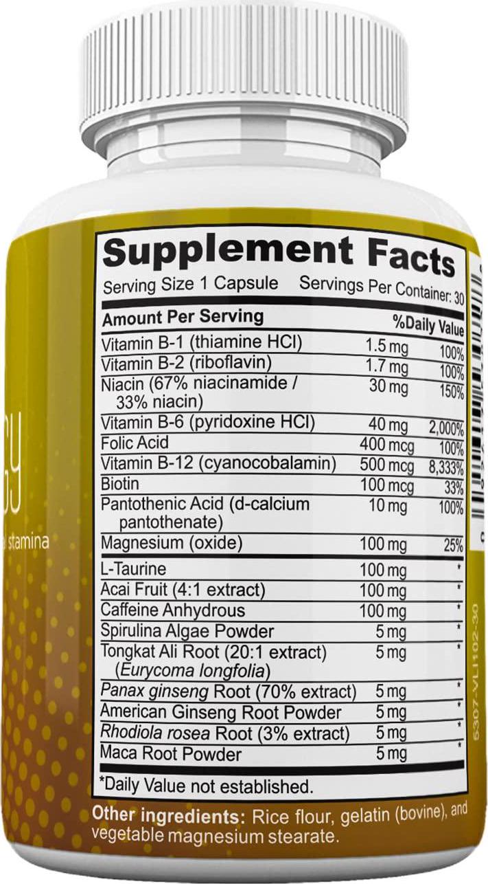 Brain Supplement with Vitamin b12 Enhance Focus, Concentration, Mental Energy No Crash orJitters B Complex Rodhiola Rosea Caffeine Ginseng Maca for Women and Men 30 Capsules by Amate Life