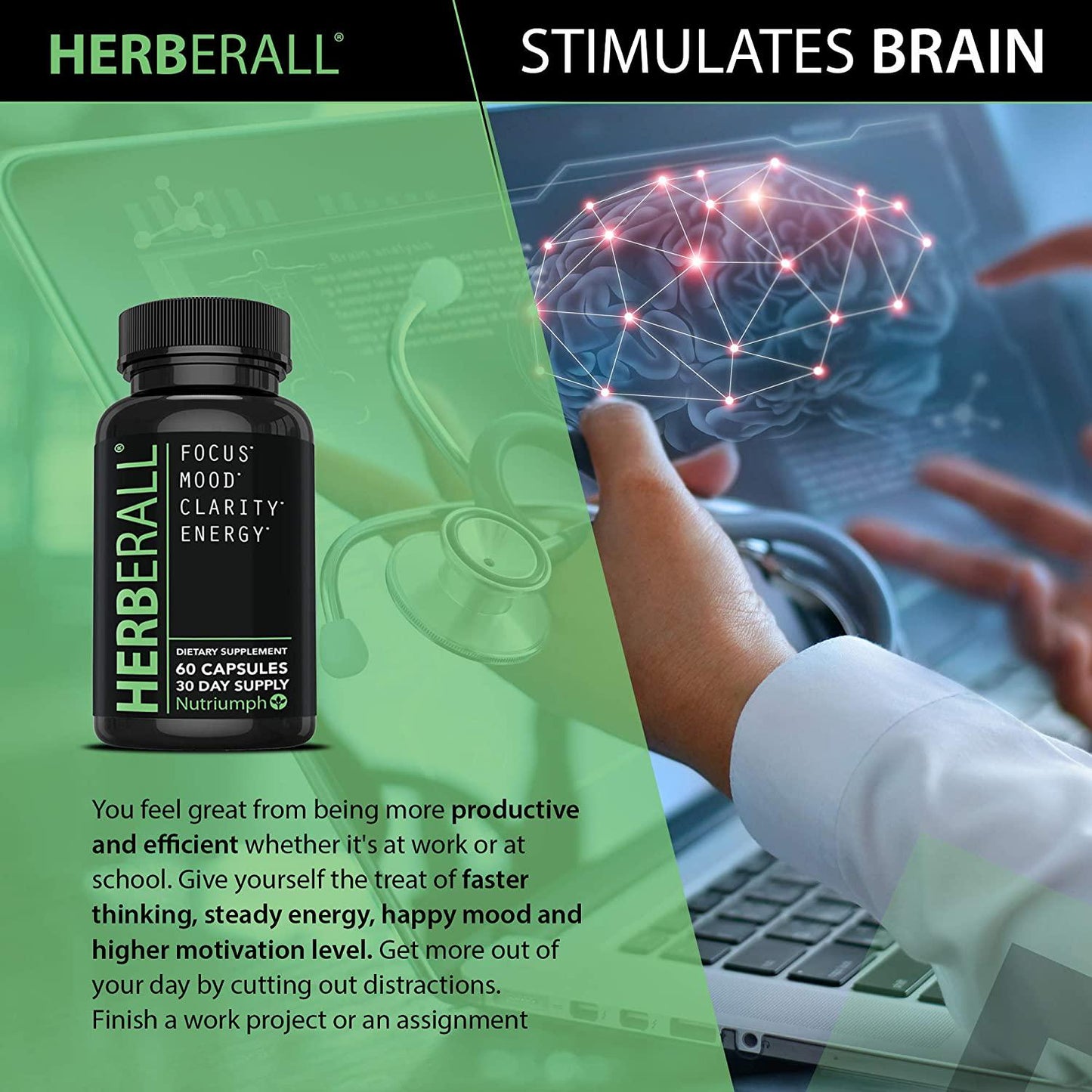 Brain Supplements – Memory Supplements 100% Plant Based – Vegan Friendly Brain Supplements to Improve Memory and Concentration, Boost Focus, Enhance Clarity and Lift Mood – Brain Vitamins by Herberall