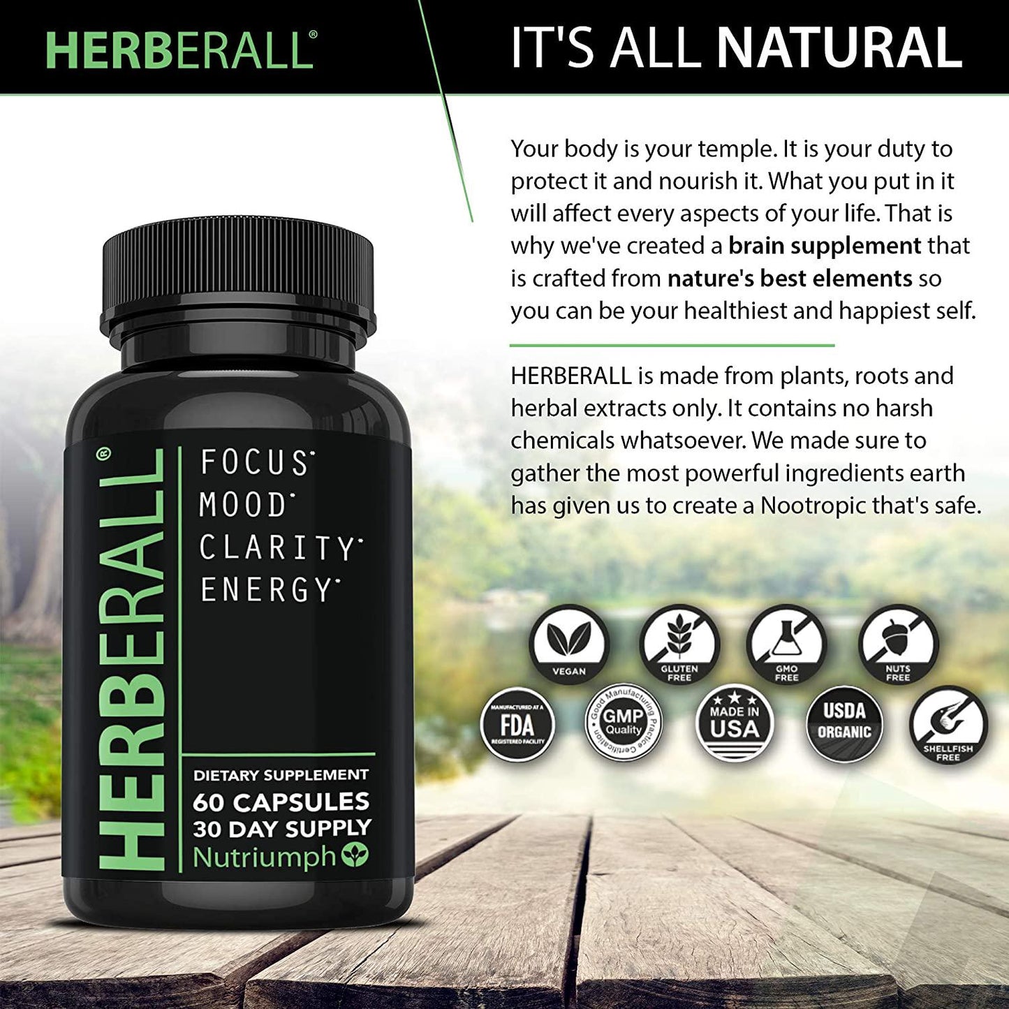 Brain Supplements – Memory Supplements 100% Plant Based – Vegan Friendly Brain Supplements to Improve Memory and Concentration, Boost Focus, Enhance Clarity and Lift Mood – Brain Vitamins by Herberall