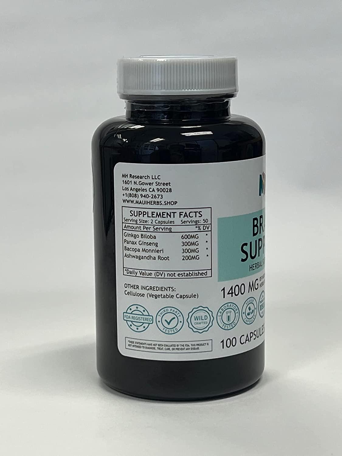 Brain Support 100 Capsules, 1400 MG per Serving (Ginkgo Biloba, Panax Ginseng, Bacopa Monnieri, Ashwagandha)