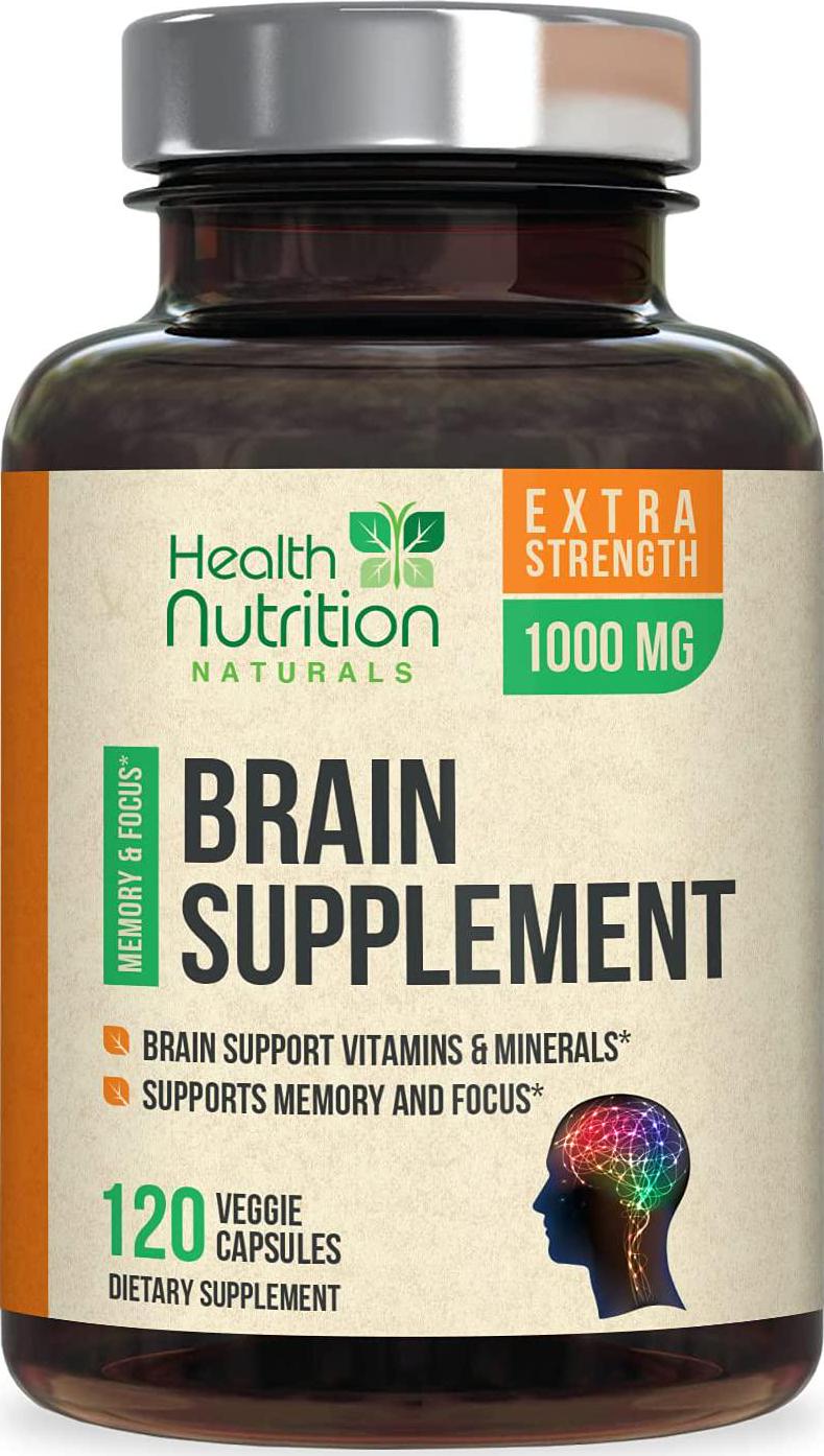 Brain Support Supplement Extra Strength Nootropics 1000mg - Made in USA - Natural Support for Memory, Focus, Concentration, and Clarity with Bacopa Monnieri for Men and Women - 120 Capsules