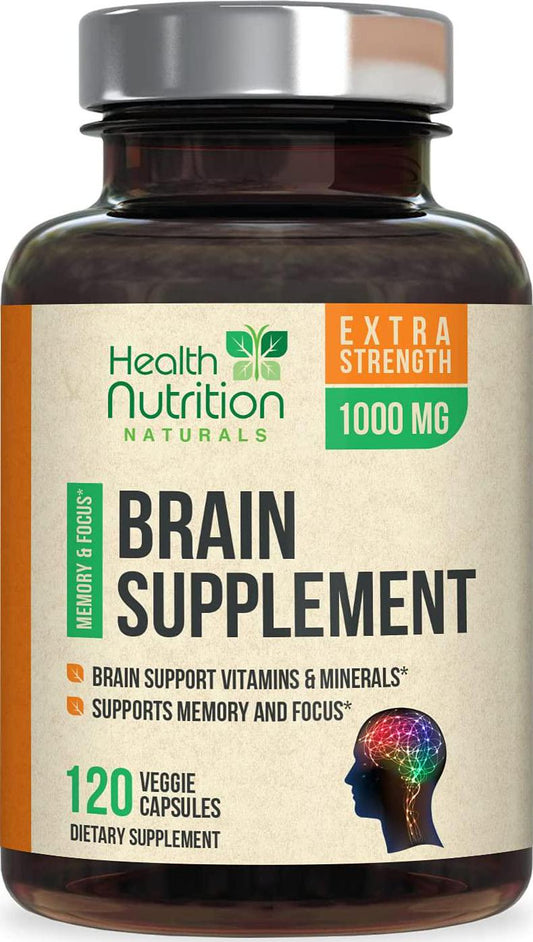 Brain Support Supplement Extra Strength Nootropics 1000mg - Made in USA - Natural Support for Memory, Focus, Concentration, and Clarity with Bacopa Monnieri for Men and Women - 120 Capsules