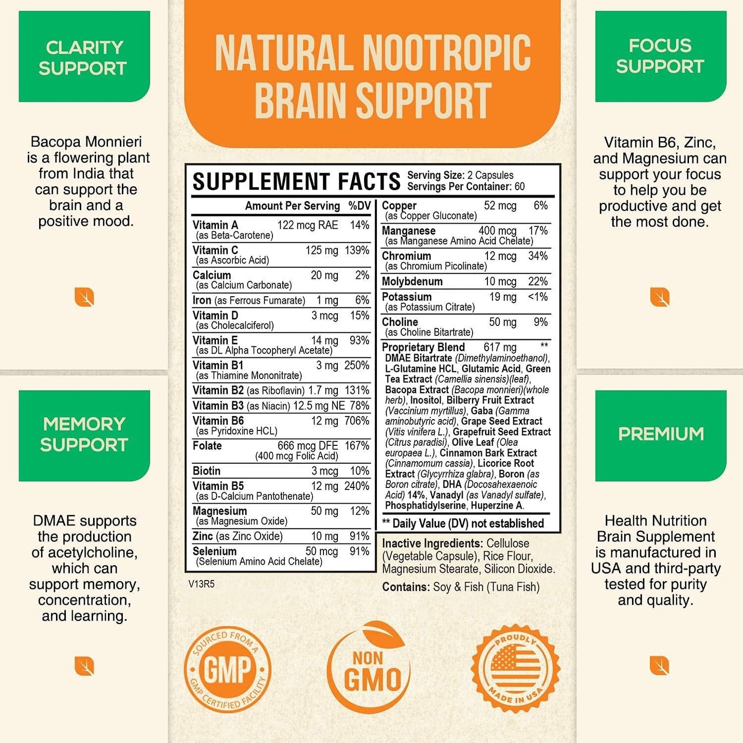 Brain Support Supplement Extra Strength Nootropics 1000mg - Made in USA - Natural Support for Memory, Focus, Concentration, and Clarity with Bacopa Monnieri for Men and Women - 120 Capsules