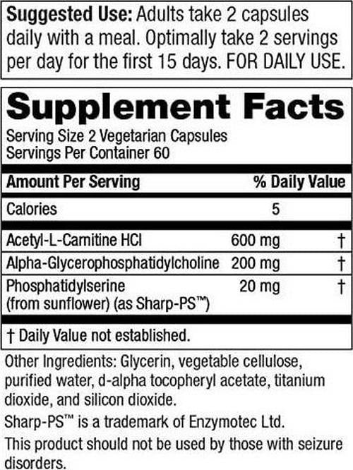Brain Vitality-GPC Super Formula by Purity Products - Acetyl L-Carnitine HCI + Alpha GPC + Phosphatidlyserine - Supports Normal Concentration and Mental Clarity - 120 Caps
