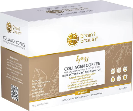 Brain and Brawn Collagen Coffee with hydrolyzed collagen peptides for skin, hair and nail Health, Cordyceps Mushroom and MCT C8 and C10 for Focus and Immune Support, unsweetened, 300g (20 x 15g Sachets).
