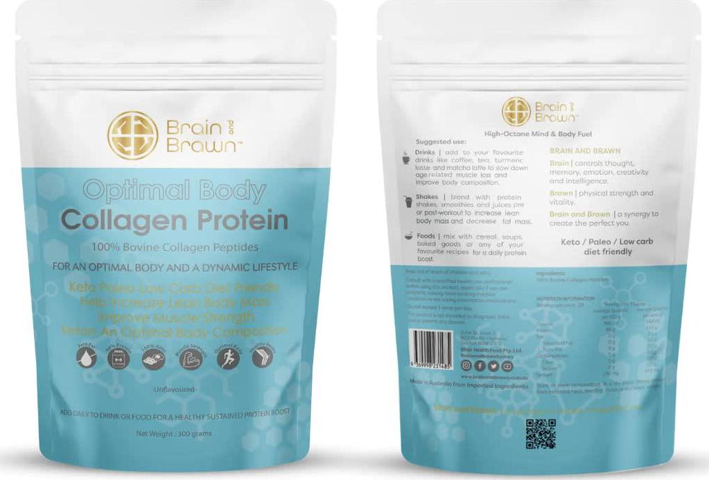 Brain and Brawn Collagen Protein, Hydrolyzed Collagen Peptides, 90% Protein, Skin Hair Nails health, gut health, joint health 300g (20 Serves)