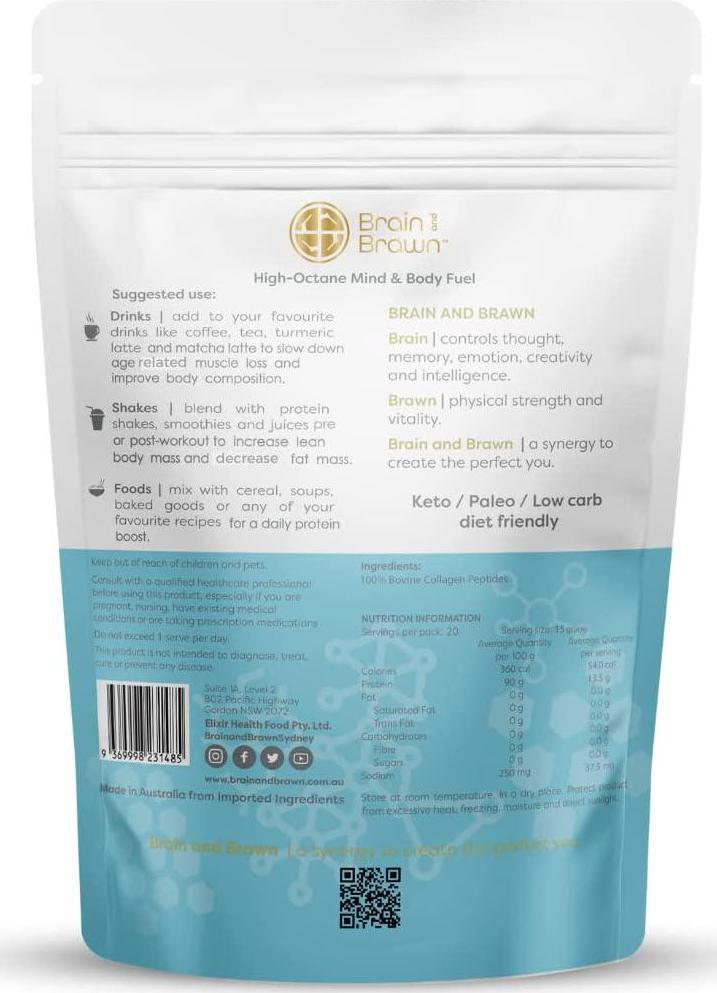Brain and Brawn Collagen Protein, Hydrolyzed Collagen Peptides, 90% Protein, Skin Hair Nails health, gut health, joint health 300g (20 Serves)