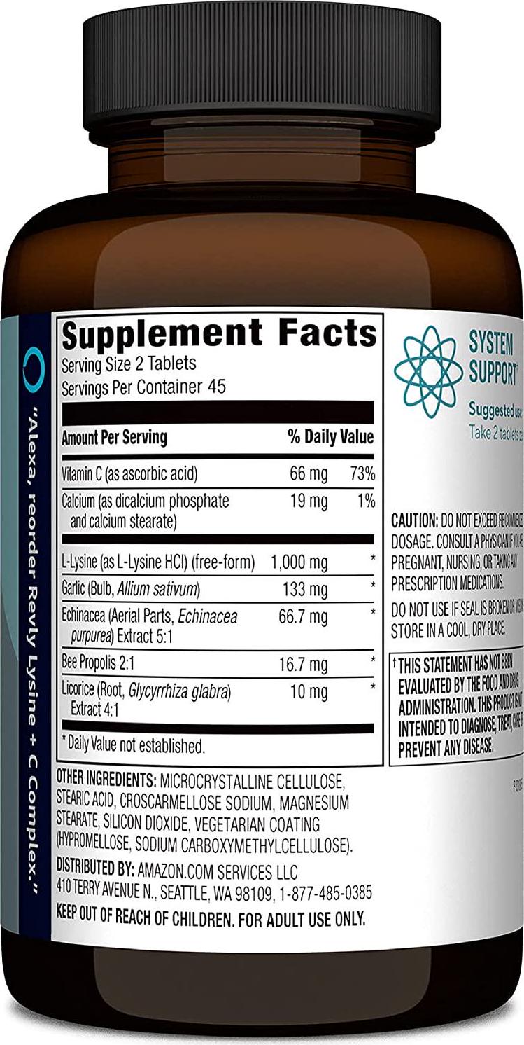 Brand - Revly Lysine + C Complex, 1000 mg L-Lysine and 66 mg Vitamin C per Serving (2 Tablets), Supports Immune Health, 90 Tablets, Gluten Free