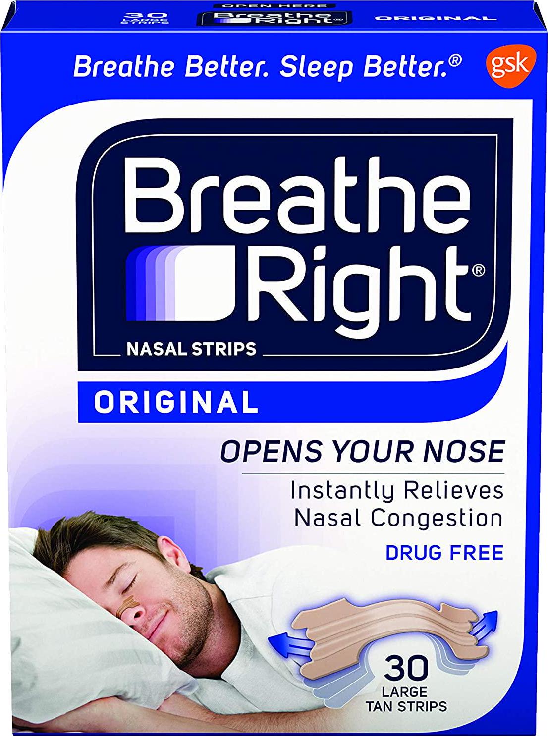 Breathe Right Original Nose Strips to Reduce Snoring and Relieve Nose Congestion, Tan, 30 Count (Packaging May Vary)