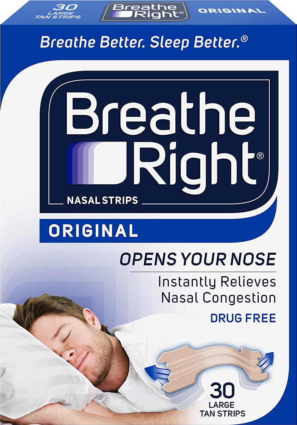 Breathe Right Original Nose Strips to Reduce Snoring and Relieve Nose Congestion, Tan, 30 Count (Packaging May Vary)