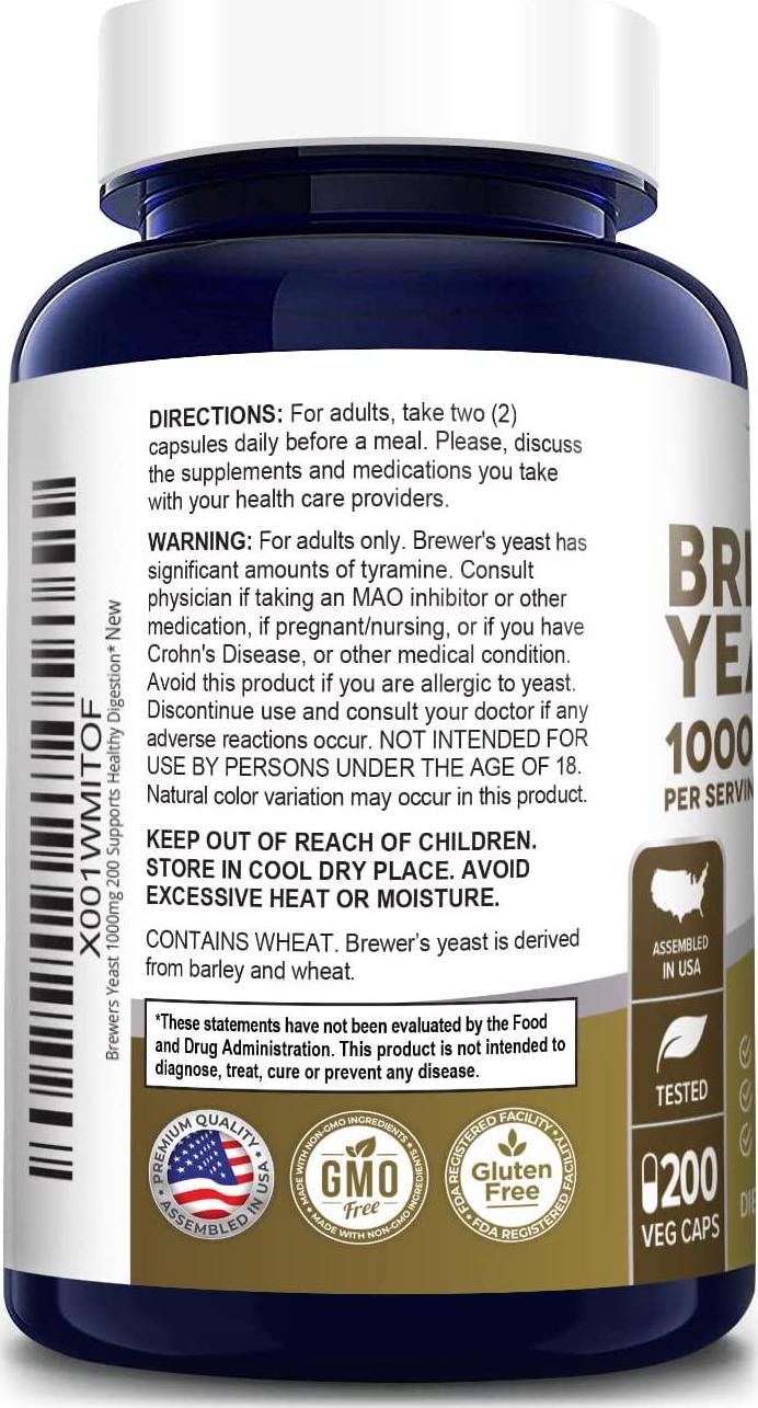 Brewers Yeast 1000mg 200 Vegetarian Caps (Non-GMO and Gluten Free) Supports Heart Health and Digestion