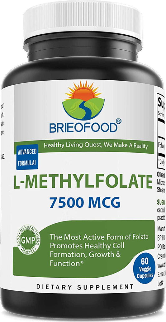 Brieofood Methyl Folate 7500 mcg (7.5 mg) Veggie Capsule, (12500 mcg DFE) - Superior Bioavailability, 60 Count