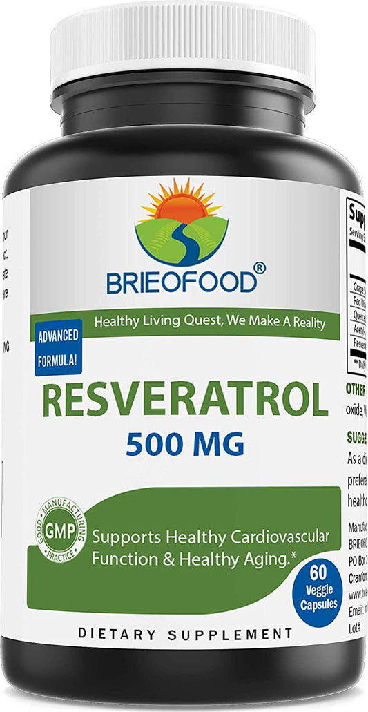 Brieofood Resveratrol 500mg - Natural Antioxidant Supplement for Cardiovascular and Immune System Health - 60 Veggie Capsules