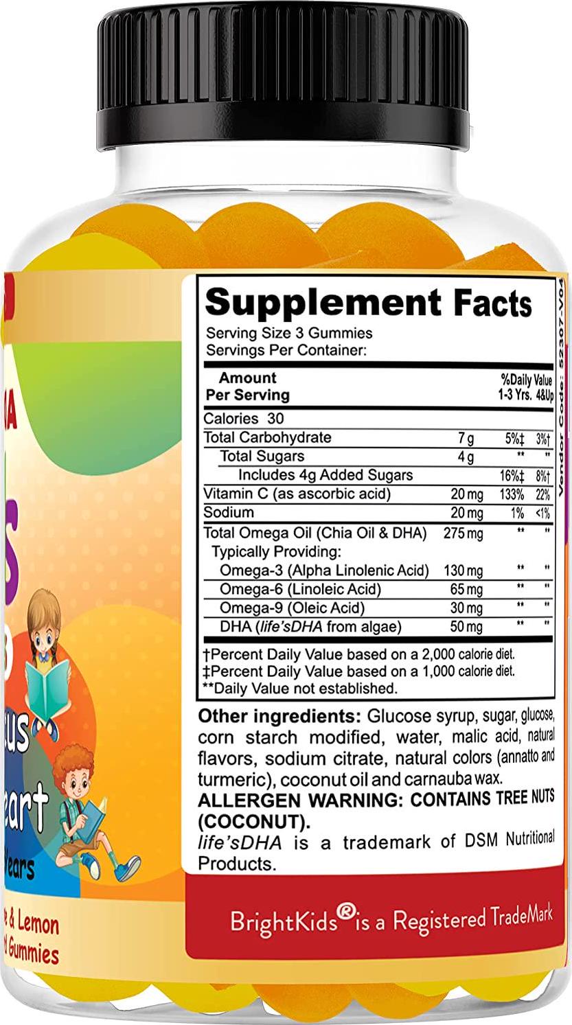BrightKids Complete Omega+DHA Gummies for Kids | Omega 3 6 9 + DHA, Vitamin C | Brain Focus, Vision and Heart Health Formula | Gluten Free, Vegetarian and Non-GMO | 60 Gummies Made in USA