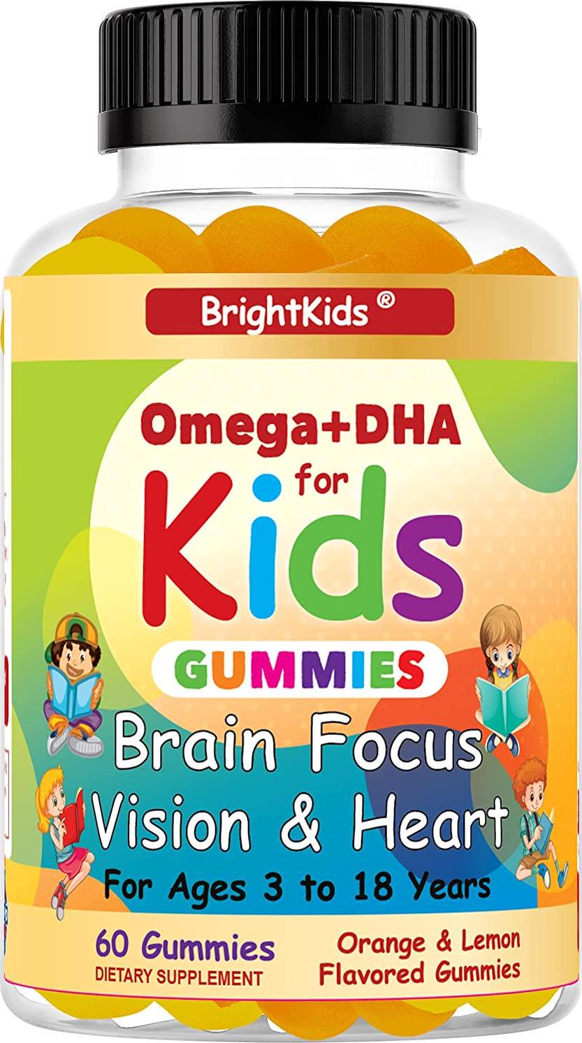 BrightKids Complete Omega+DHA Gummies for Kids | Omega 3 6 9 + DHA, Vitamin C | Brain Focus, Vision and Heart Health Formula | Gluten Free, Vegetarian and Non-GMO | 60 Gummies Made in USA